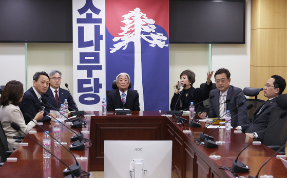 11일 서울 여의도 국회 의원회관에서 황태연 소나무당 당대표 권한대행(가운데)이 참석한 가운데 기자간담회가 진행되고 있다. 왼쪽부터 소나무당에 영입된 정다은 전 더불어민주당 상근 부대변인, 김도현 전 베트남 대사, 정철승 변호사, 손혜원 전 민주당 의원, 변희재 미디어워치 대표, 최대집 전 대한의사협회장.