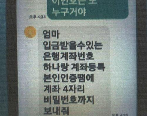       피해자가 받은 메신저 피싱 문자메시지〈사진=경기남부경찰청〉