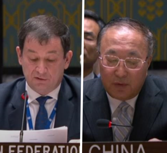 드미트리 폴리안스키 유엔 주재 러시아 대사(왼쪽), 장쥔 유엔 주재 중국 대사. 