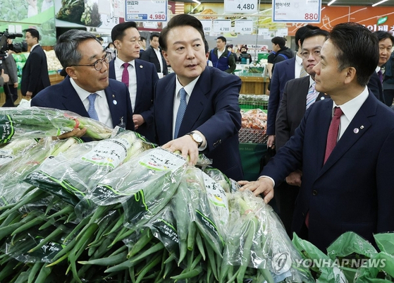 윤석열 대통령이 18일 서울 서초구 농협 하나로마트 양재점 야채 매장에서 파 등 야채 물가 현장 점검을 하고 있다.