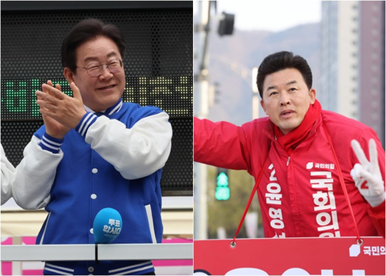 이재명 더불어민주당 대표(왼쪽), 경남 양산갑 윤영석 국민의힘 후보. 〈사진=연합뉴스, 윤 후보 페이스북 캡처〉