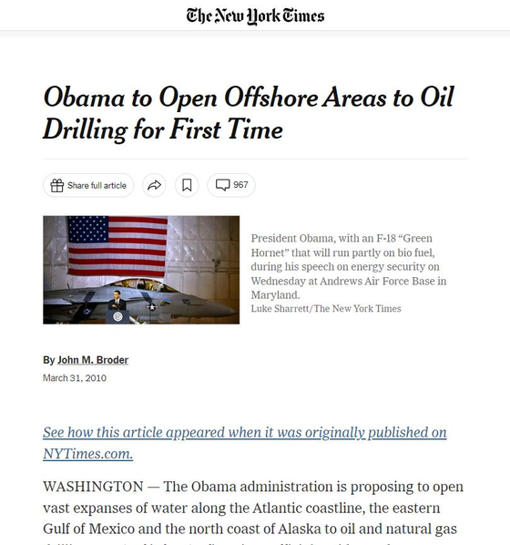 2010년 3월 31일 뉴욕타임스 “오바마, 해상 석유 시추 첫 허용” 보도. 〈사진=뉴욕타임스 캡처〉