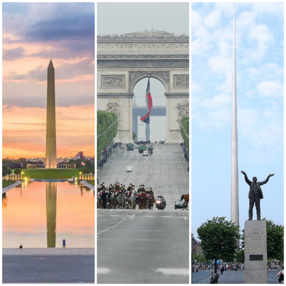왼쪽부터 미국 '워싱턴 기념탑'(모뉴먼트), 프랑스 파리 '개선문', 아일랜드 더블린 '더블린 스파이어' 〈사진 museum of the bible, 중앙DB, Vmenkov〉