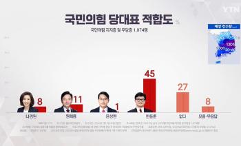 국힘 지지·무당층, '여당 대표 적합' 한동훈 45%, 원희룡 11%, 나경원 8% | 엠브레인퍼블릭