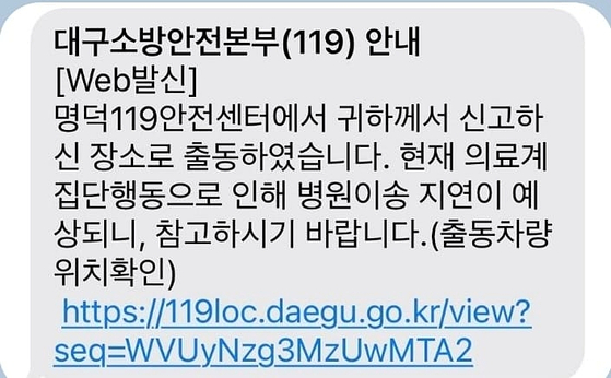 일선 소방서에서 신고자에게 보내는 119 출동 문자 메시지 내용 〈사진=임현택 의협 회장 페이스북 캡처〉