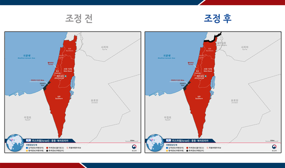 외교부가 이스라엘 북부의 레바논과 인접한 지역에 '여행금지'를 발령하기로 했다. 우측 지도의 상단 검정색 부분이 여행경보를 상향한 지역. 〈외교부 제공〉