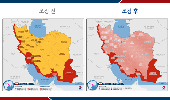 외교부가 이란의 기존의 여행자제 지역에 한시적으로 특별여행주의보를 발령하기로 했다. 우측 지도의 분홍색 빗금 부분이 여행경보를 상향한 지역. 〈외교부 제공〉