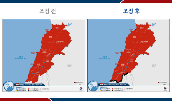 외교부가 레바논 남부의 이스라엘과 인접한 지역에 '여행금지'를 발령하기로 했다. 우측 지도의 하단 검정색 부분이 여행경보를 상향한 지역. 〈외교부 제공〉