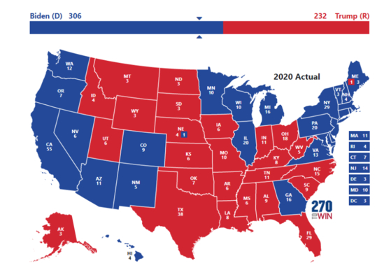 민주당이 '블루 월'을 되찾은 건 2020년 대선 때. 펜실베이니아(PA), 미시간(MI), 위스콘신(WI) 등 3개 주 표심이 빨간 색에서 4년 만에 파랗게 바뀌었다. 〈사진=270towin 캡처〉