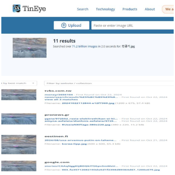 틴아이(TinEye) 검증에서 사진이 최초 공개된 10월 21일 이전 유사 사진은 없는 것으로 확인됐다. [출처:틴아이 캡처]