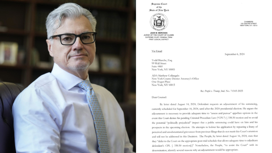 트럼프 대통령의 '성추문 입막음 돈 지급 사건' 재판을 담당했던 뉴욕 맨해튼 형사법원의 후안 머천 판사. 오른쪽은 &Prime;미국 대선을 앞두고 &Prime;선고를 대선 뒤로 미루겠다&Prime;는 머천 판사의 결정문 (사진출처=연합뉴스)
