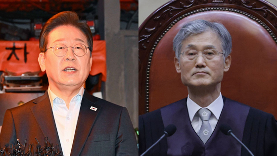 어제(1일) 이재명 더불어민주당 후보의 '공직선거법' 사건 선고 중인 조희대 대법원장(왼쪽)과 대법원 선고와 관련해 입장을 밝히고 있는 이 후보(오른쪽). (사진=연합뉴스)